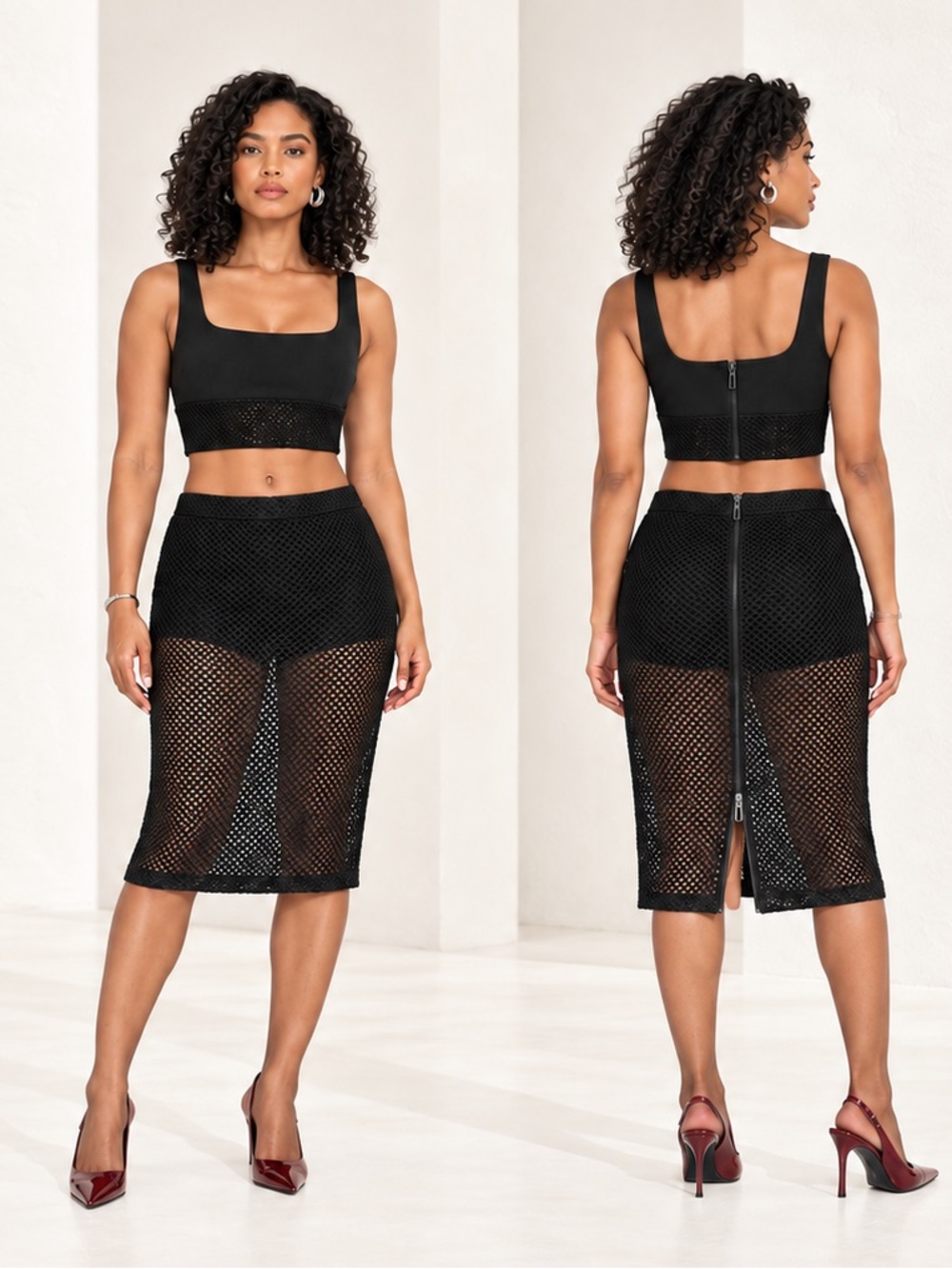 Witchery Black Mesh Scuba Crop Top Pencil Skort Matching Set Sz 12/14